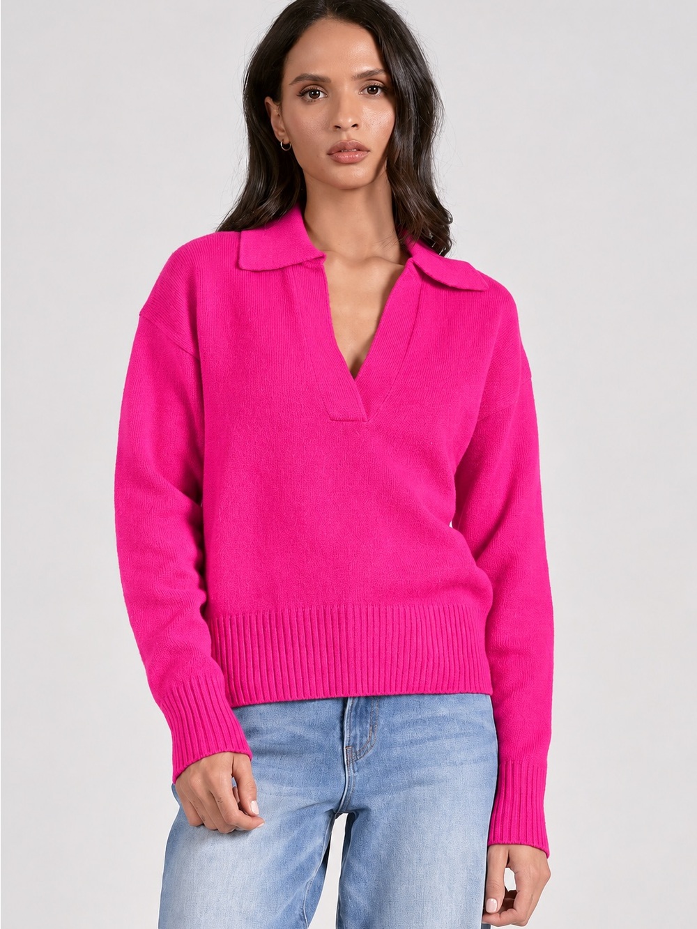 ELAN | Long Sleeve Collared Sweater in Pink, Size Medium